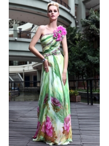 Brand New Empire One Shoulder Floor-length Print Handle Flowers Prom Dress