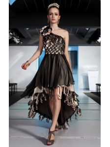 Brown A-line One Shoulder High-low Organza Hand Made Flowers Prom Dress