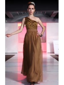 Brown Column / Sheath One Shoulder Floor-length Chiffon Beading Prom Dress