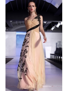 Champagne and Pink Column / Sheath One Shoulder Floor-length Chiffon Appliques Prom / Evening Dress