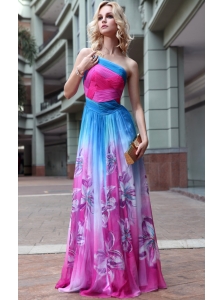 Empire One Shoulder Floor-length Ruch Print Prom Dress