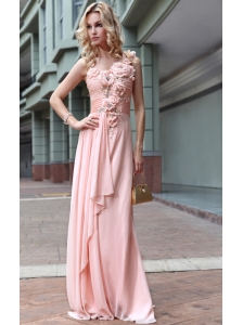 Baby Pink Empire One Shoulder Floor-length Chiffon Beading and Ruch Prom Dress