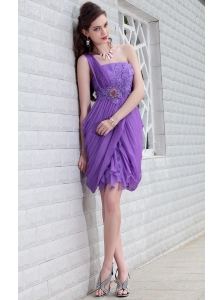 Purple Column One Shoulder Mini-length Chiffon Beading Prom / Homecoming Dress