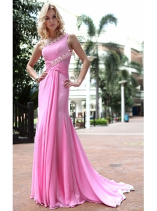 Rose Pink Empire One Shoulder Brush / Sweep Chiffon Ruch Prom Dress