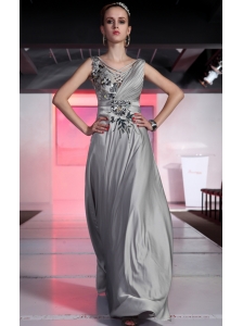 Grey Empire V-neck Floor-length Chiffon Beading and Ruch Prom / Evening Dress