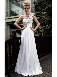 White Empire One Shoulder Floor-length Chiffon Beading and Ruch Prom Dress