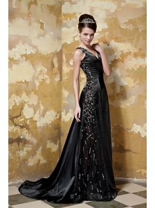 Black Empire V-neck Brush Train Elastic Woven Satin Beading Prom / Celebrity Dress