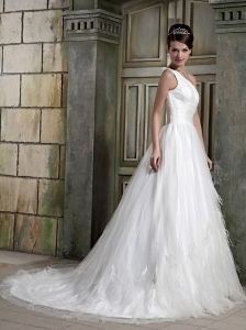 Elegant A-Line / Princess One Shoulder Court Train Satin / Tulle Ruch Wedding Dress