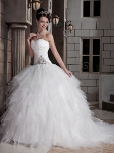 Gorgeous Ball Gown Sweetheart Court Train Tulle and Satin Ruffles Wedding Dress