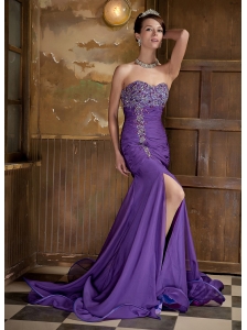 Purple Column Sweetheart Brush Train Elastic Woven Satin and Chiffon Beading Prom Dress