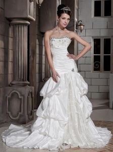 Romantic Column / Sheath Strapless Court Taffeta Beading Wedding Dress