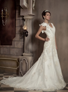 Pretty A-line / Princess V-neck Court Train Taffeta and Organza Embroidery Wedding Dress