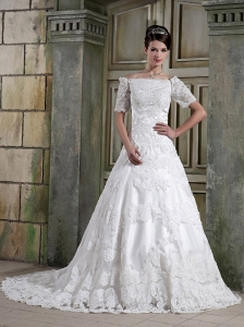 Popular A-Line / Princess Off The Shoulder Court Train Satin and Tulle Appliques Wedding Dress