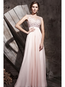 Baby Pink Empire Bateau Floor-length Chiffon Beading and Ruch Prom / Celebrity Dress