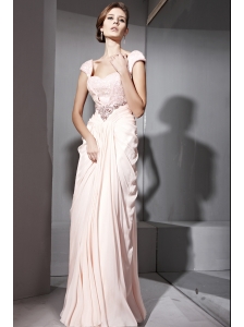 Baby Pink Empire Off The Shoulder Floor-length Chiffon Beading and Ruch Prom / Celebrity Dress