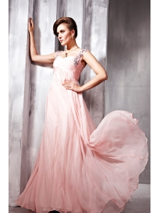 Baby Pink Empire Straps Floor-length Chiffon Beading Prom / Evening Dress