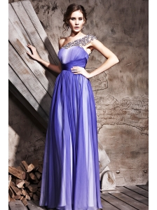 Blue Column / Sheath One Shoulder Floor-length Chiffon Beading and Ruch Prom / Evening Dress