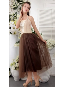 Brown Empire Halter Tea-length Tulle Lace Bridesmaid Dress
