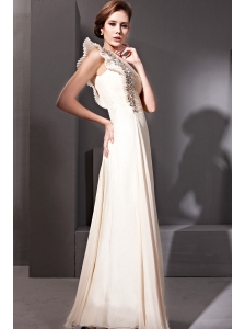 Champagne Column One Shoulder Floor-length Chiffon Rhinestones Prom Dress