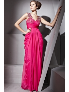 Hot Pink Column V-neck Floor-length Chiffon Beading Prom / Evening Dress