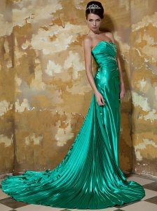 Green Empire Sweetheart Brush Train Elastic Woven Satin Appliques and Pleat Prom / Celebrity Dress