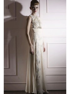 Light Yellow Empire High-neck Floor-length Chiffon Beading and Appliques Prom Dress