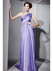 Ombre Color Empire One Shoulder Brush Train Chiffon Beading Prom Dress