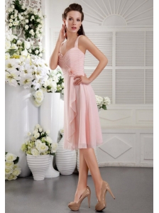 Baby Pink A-Line / Princess Straps Tea-length Chiffon Hand Flower Bridesmaid Dress