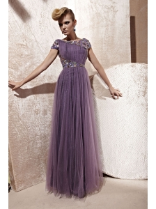Purple Empire Bateau Floor-length Tulle Beading and Ruch Prom Dress