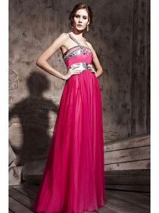 Hot Pink Empire One Shoulder Floor-length Chiffon Beading Prom / Party Dress