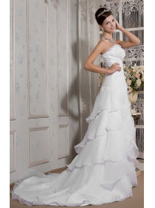 Beautiful A-Line / Princess Strapless Court Train Organza Beading Wedding Dress