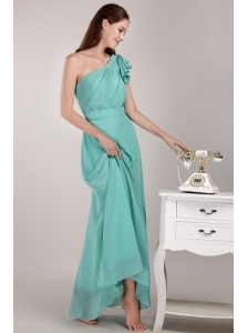Turquoise Column / Sheath One Shoulder Floor-length Chiffon Ruch Bridesmaid Dress