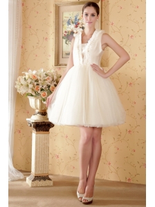 Sweet A-line / Princess Square Knee-length Net Beading and Ruch Wedding Dress