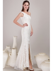Sexy Column/Sheath One Shoulder Floor-length Lace Beading Wedding Dress