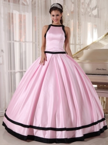 Affordable Baby Pink and Black Quinceanera Dress Bateau Satin Ball Gown