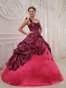 Cheap Hot Pink Quinceanera Dress One Shoulder Zebra or Leopard Appliques Ball Gown