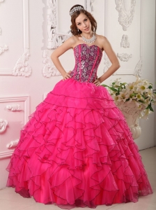 Cheap Hot Pink Quinceanera Dress Sweetheart Organza Beading Ball Gown