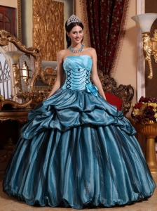 Cute Blue Quinceanera Dress Strapless Taffeta Hand Made Flower Ball Gown