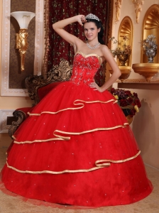 Elegant Red Quinceanera Dress Sweetheart Satin and Tulle Beading Ball Gown