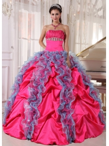 Lovely Hot Pink and Aqua Blue Quinceanera Dress Strapless Organza and Taffeta Beading and Ruffles Ball Gown