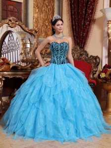 Modest Aqua Blue Quinceanera Dress Sweetheart Floor-length Organza Embroidery with Beading Ball Gown