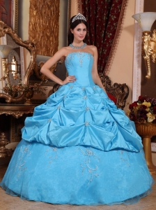 Perfect Aqua Blue Quinceanera Dress Strapless Taffeta and Organza Beading Ball Gown