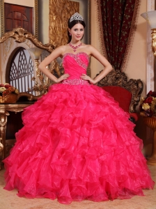 Perfect Coral Red Quinceanera Dress Sweetheart Organza Beading Ball Gown