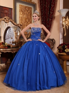 Popular Blue Quinceanera Dress Strapless Taffeta and Tulle Appliques Ball Gown