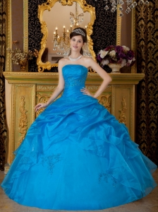 Simple Sky Blue Quinceanera Dress Strapless Appliques Organza Ball Gown