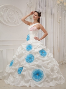 Beautiful White Quinceanera Dress One Shoulder Taffeta Beading and Hand Flowers Ball Gown