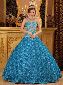 Classical Sky Blue Quinceanera Dress Sweetheart Fabric With Rolling Flowers Appliques Ball Gown