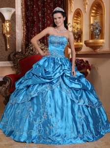 New Blue Quinceanera Dress Strapless Taffeta Embroidery with Beading Ball Gown