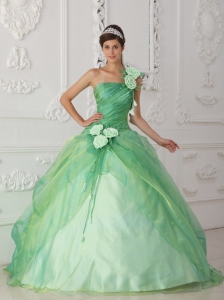 Affordable Apple Green Sweet 16 Dress One Shoulder Organza Beading and Hand Flower Ball Gown
