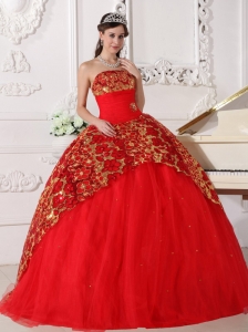 Beautiful Red Quinceanera Dress Strapless Tulle Beading and Ruch Ball Gown